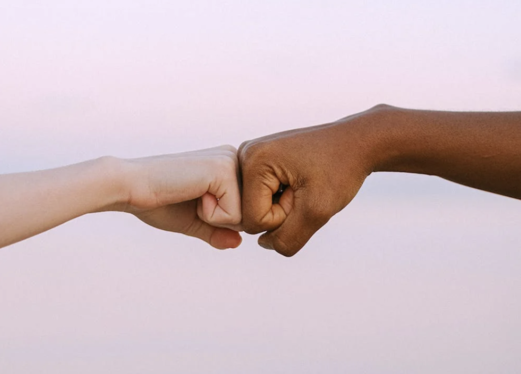 Two hands of different skin tones engaging in a fist bump against a soft, unadorned backdrop, representing friendship and trust between diverse individuals